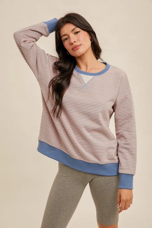 Hem & Thread Mini Stripe Oversized Sweatshirt -  Blue/Coral sold by Boutique with Grace