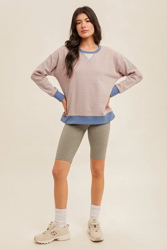 Hem & Thread Mini Stripe Oversized Sweatshirt - Blue/Coral sold by Boutique with Grace product image thumbnail 3