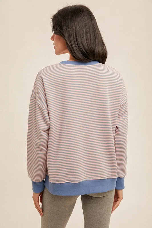 Hem & Thread Mini Stripe Oversized Sweatshirt - Blue/Coral sold by Boutique with Grace product image thumbnail 4