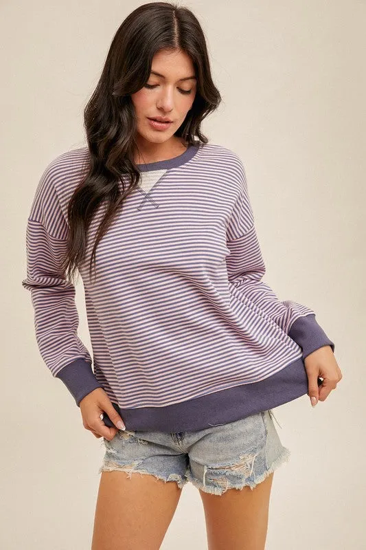 Hem & Thread Mini Stripe Multi Oversized Sweatshirt - Indigo/Pink sold by Boutique with Grace