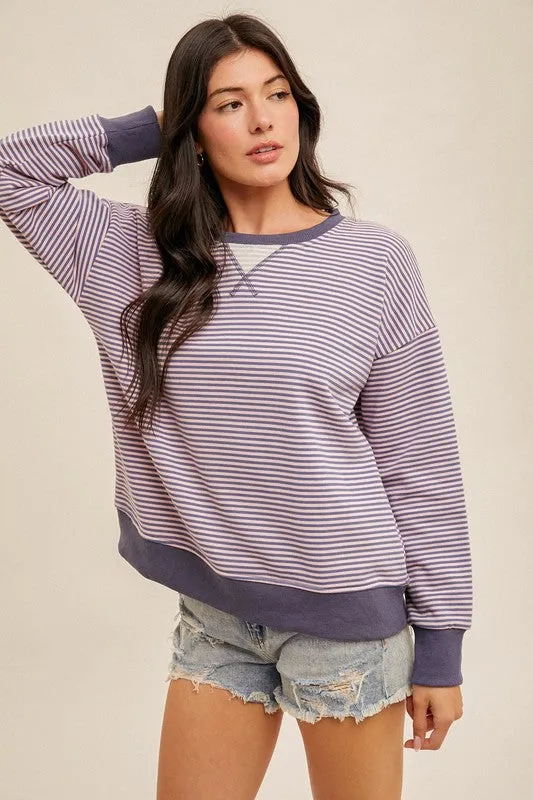 Hem & Thread Mini Stripe Multi Oversized Sweatshirt - Indigo/Pink sold by Boutique with Grace product image thumbnail 2