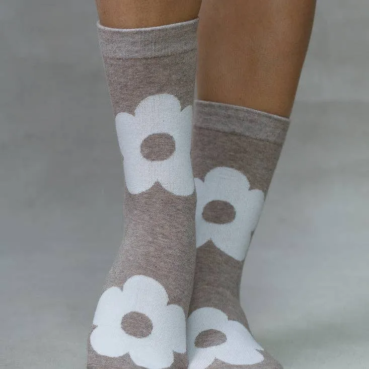 Limlim Large Flower Socks - Taupe sold by Boutique with Grace