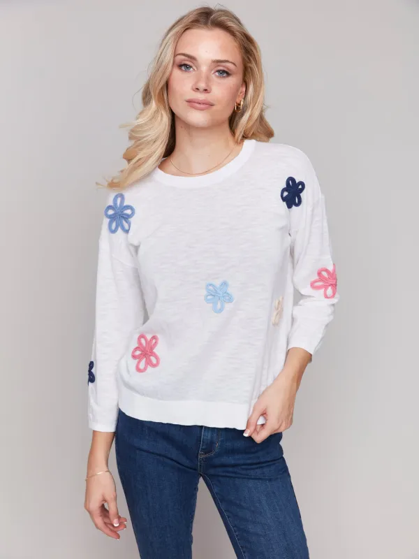 Charlie B Flower Patch Sweater - White sold by Boutique with Grace