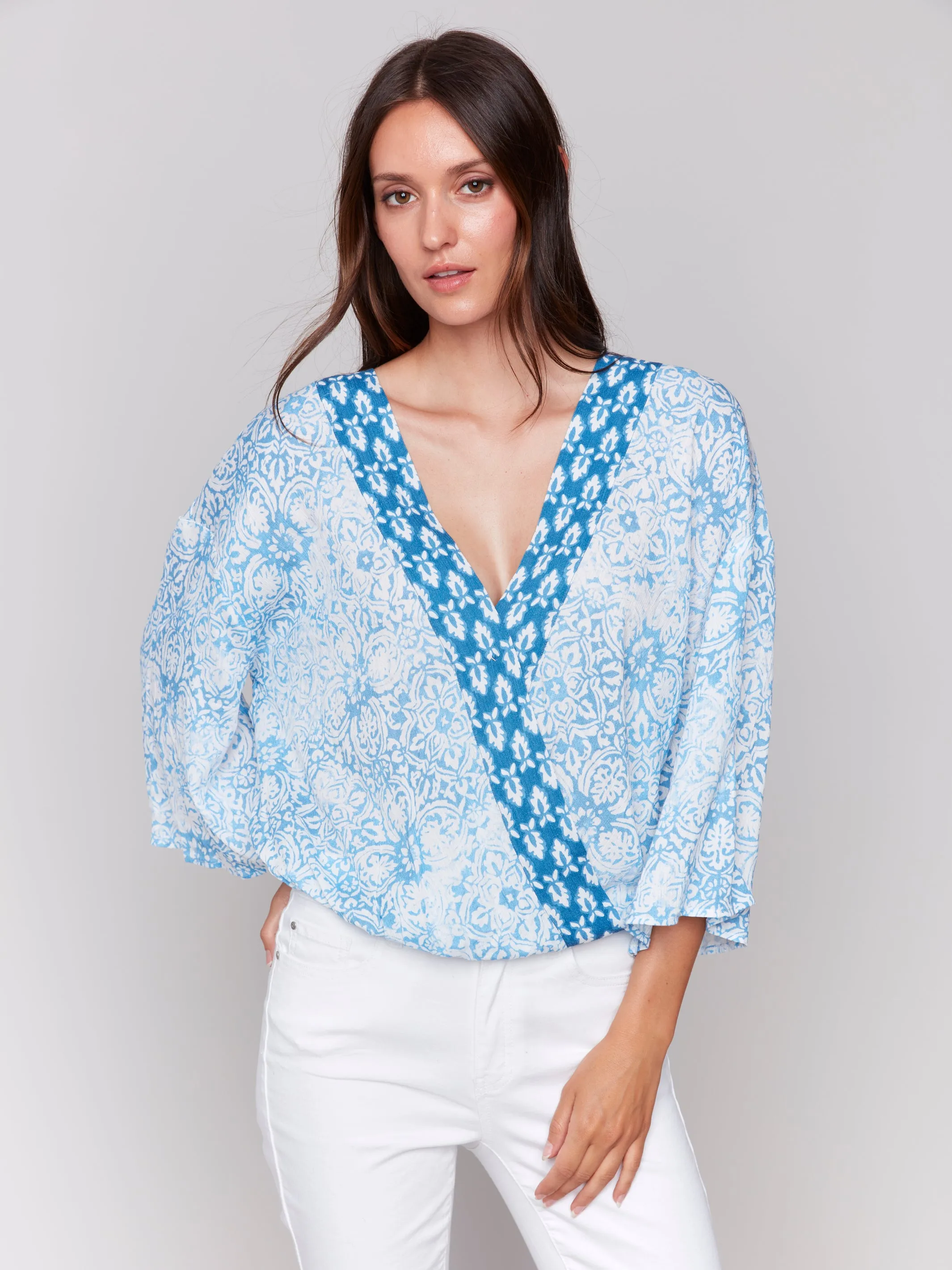 Charlie B Printed Overlap Blouse - Denim sold by Boutique with Grace product image thumbnail 4
