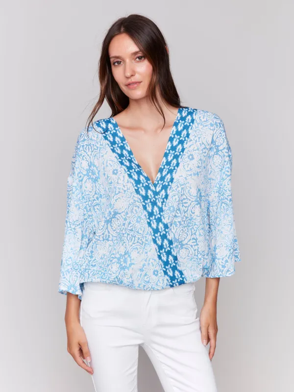 Charlie B Printed Overlap Blouse - Denim sold by Boutique with Grace