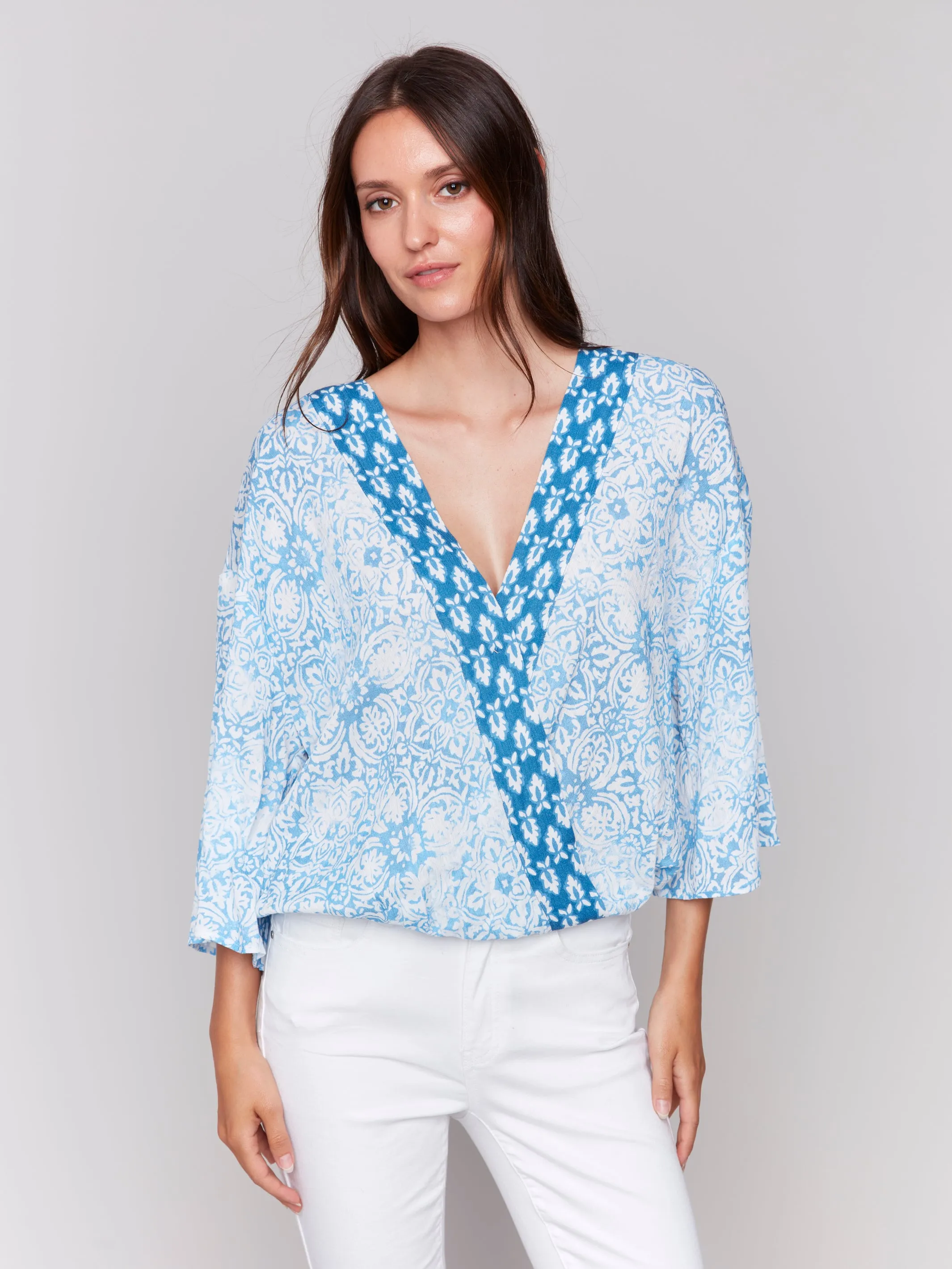 Charlie B Printed Overlap Blouse - Denim sold by Boutique with Grace