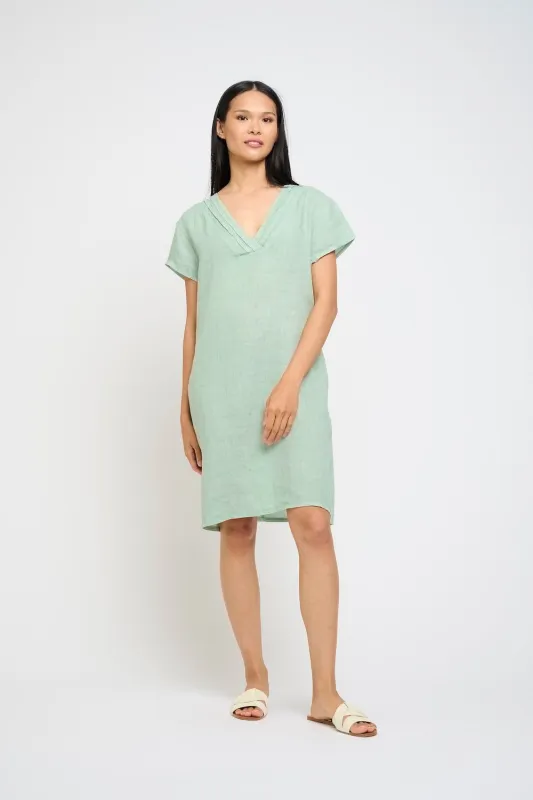 Pistache Pleated Neckline Linen Dress - Sea Green sold by Boutique with Grace