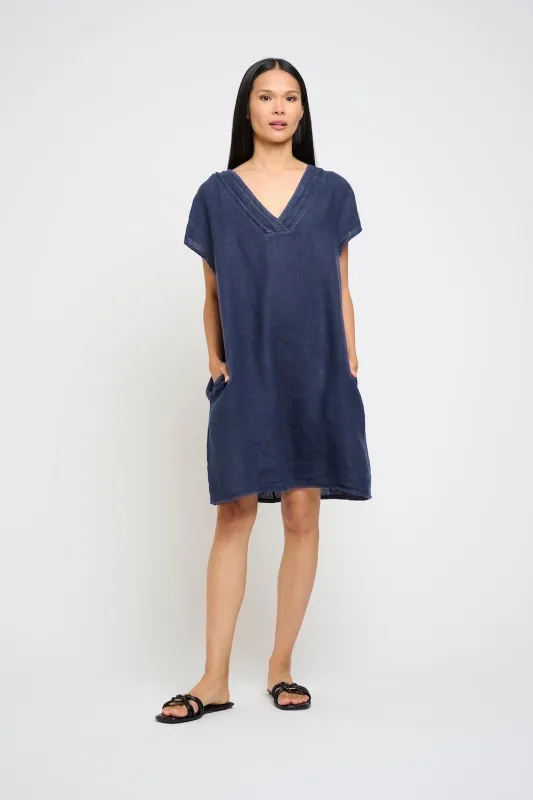 Pistache Pleated Neckline Linen Dress - Navy sold by Boutique with Grace