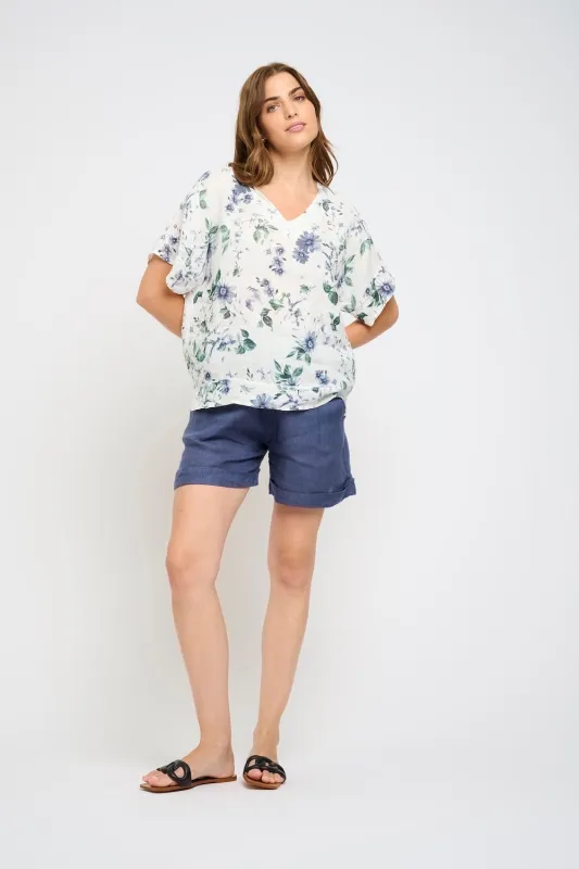 Pistache Linen V-Neck Top - Blue/Green Floral sold by Boutique with Grace