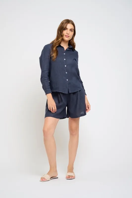 Pistache Linen Button Blouse - Midnight Navy sold by Boutique with Grace