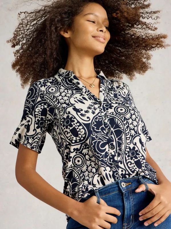 White Stuff Annie SS Jersey Shirt - Navy Print sold by Boutique with Grace