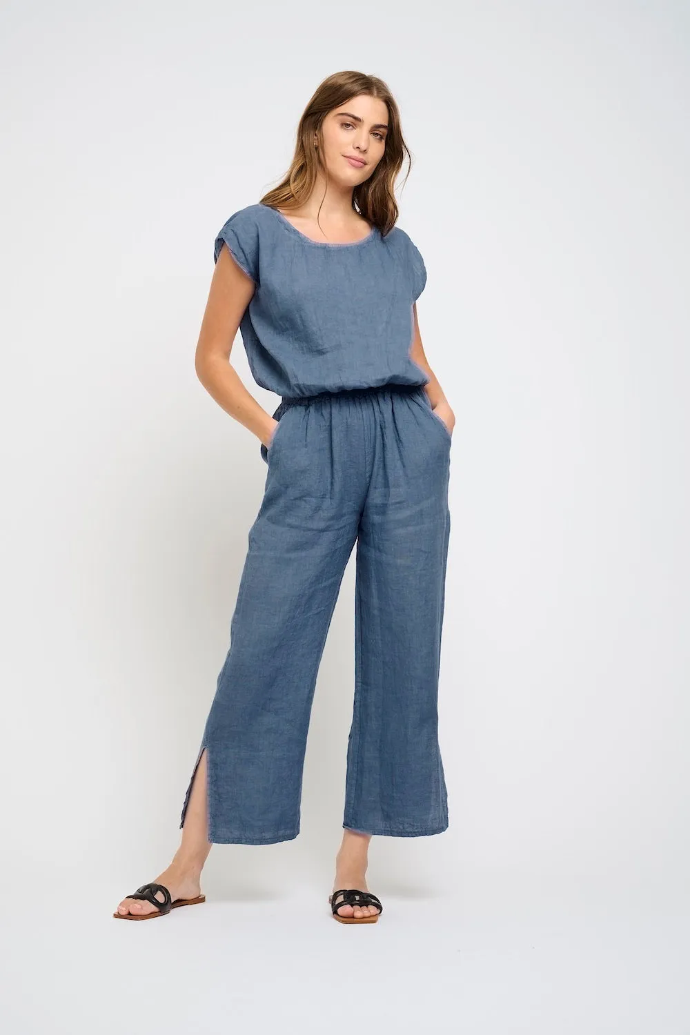 Pistache Split Leg Linen Pant - Azure Blue sold by Boutique with Grace