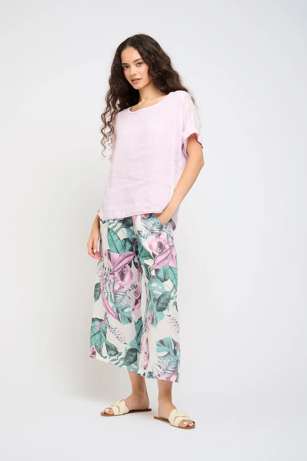 Pistache SS Crewneck Linen Woven Top - Spring Lilac sold by Boutique with Grace