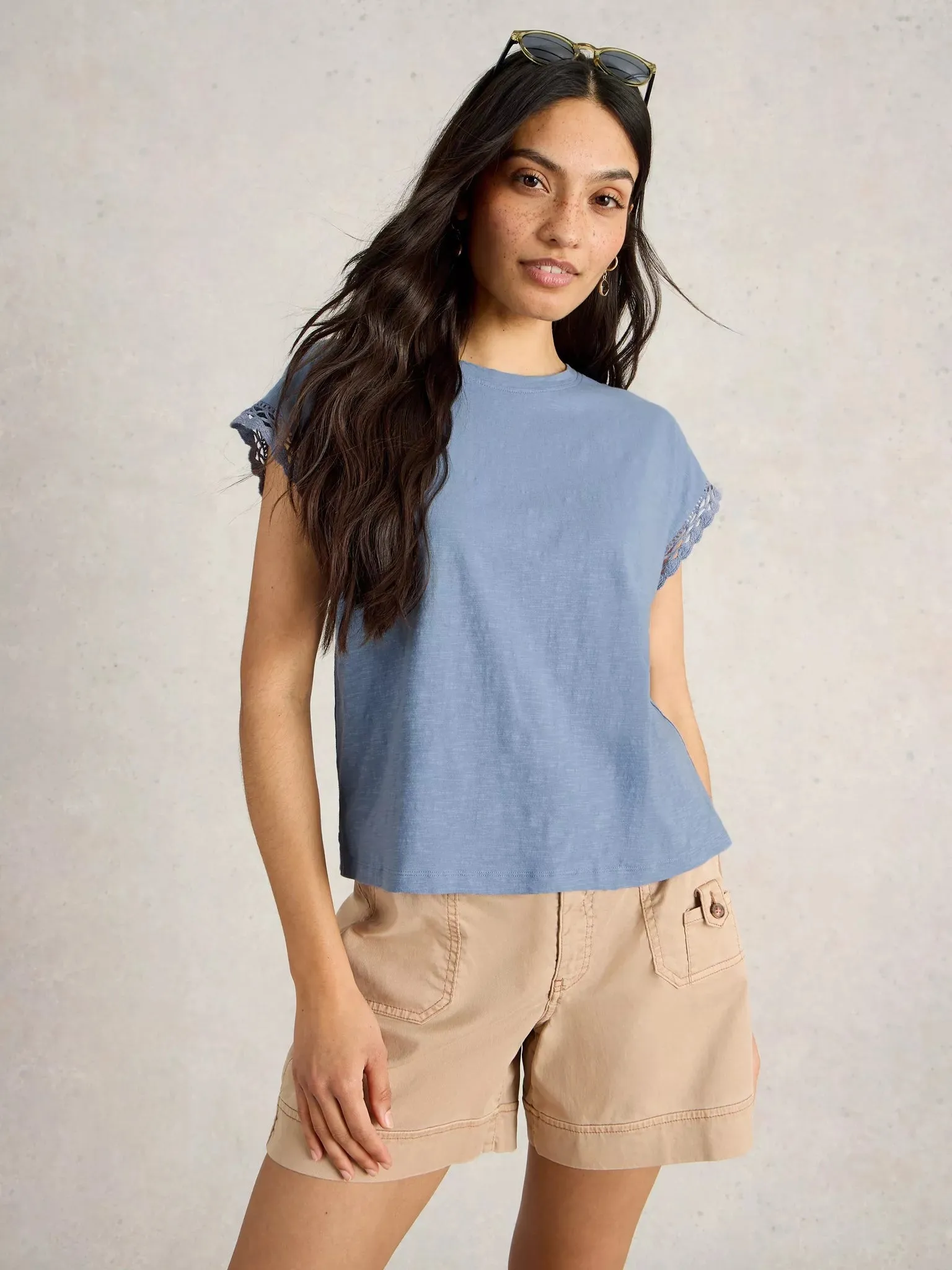 White Stuff Claudia Trim Tee - Mid Blue sold by Boutique with Grace