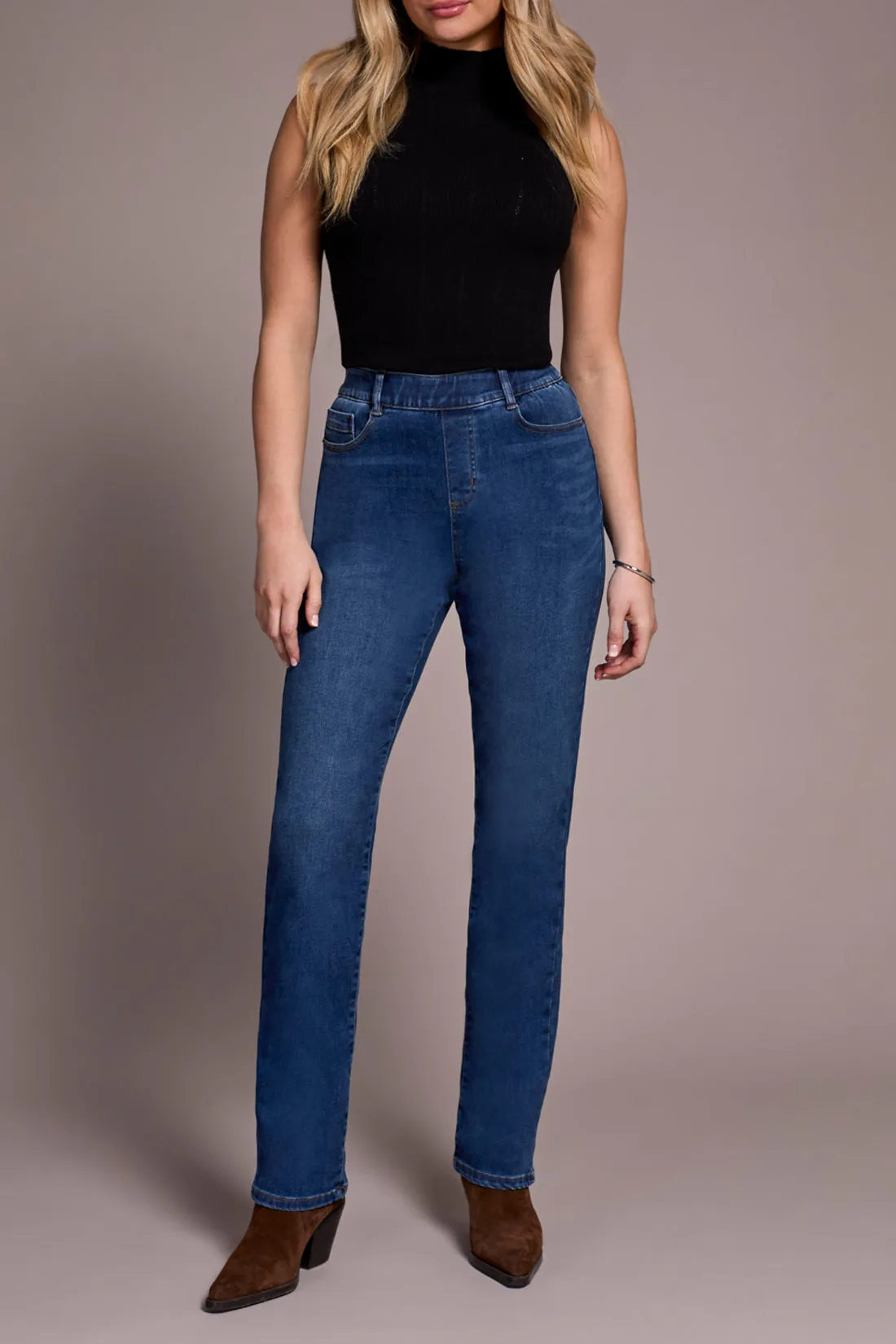 Tribal Sophia Pull-On Straight Jeans - Faded Blue sold by Boutique with Grace