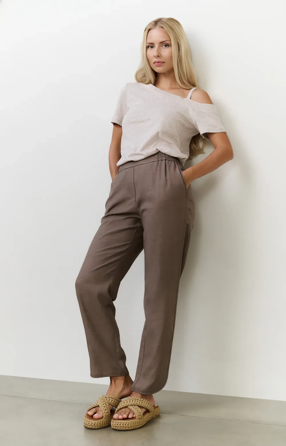 Yaya Woven Trousers - Greyish Brown sold by Boutique with Grace