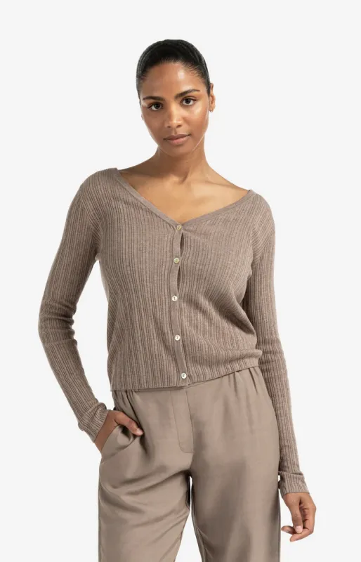 Yaya Fine Rib Cardi - Grey Brown Melange sold by Boutique with Grace