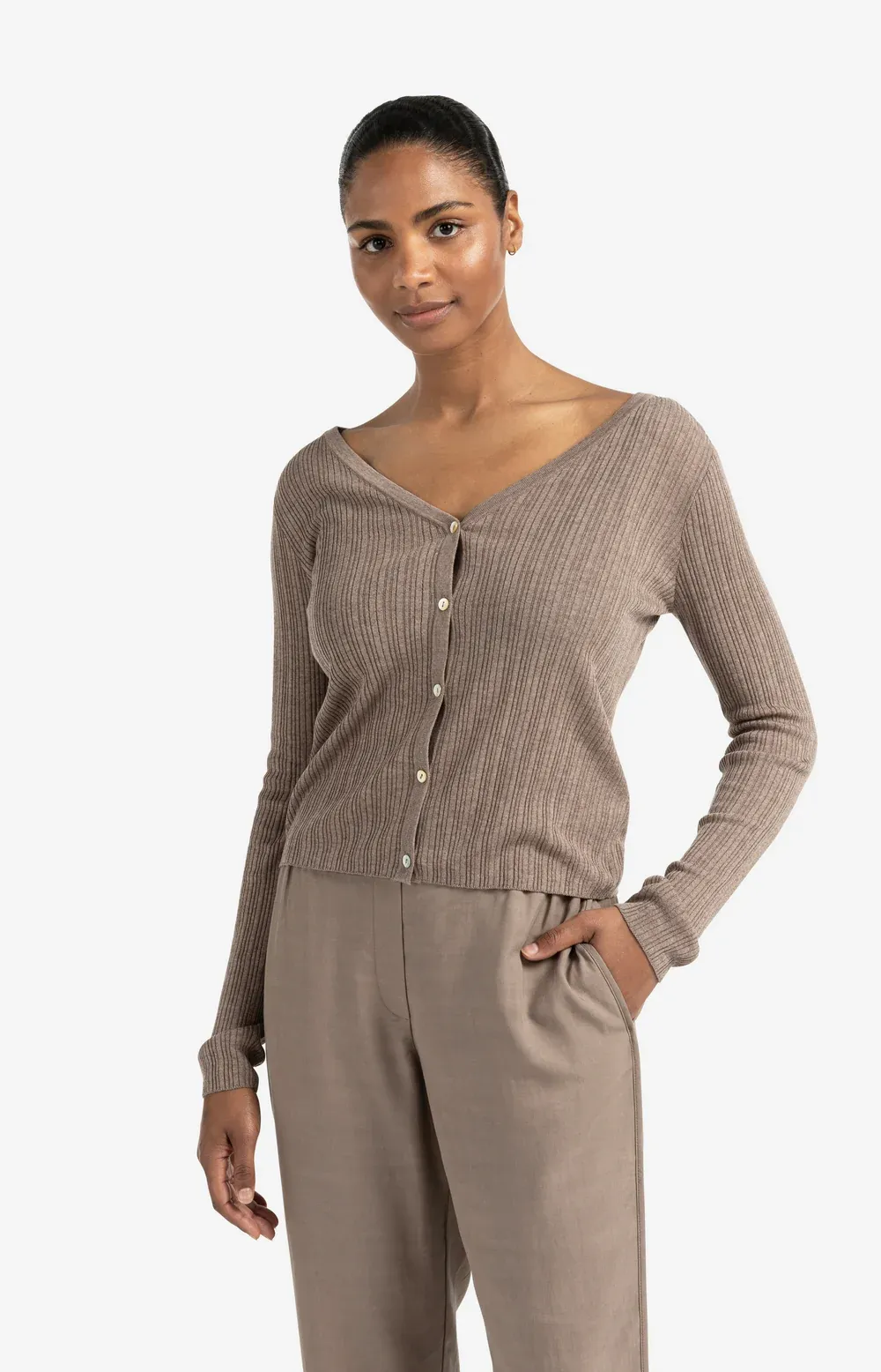 Yaya Fine Rib Cardi - Grey Brown Melange sold by Boutique with Grace product image thumbnail 2