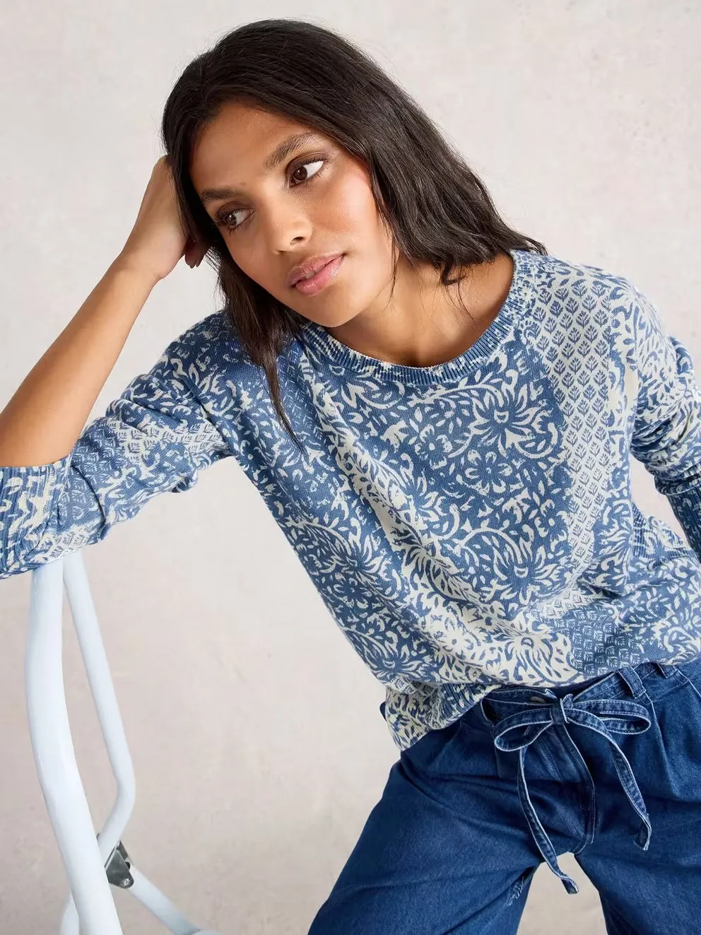 White Stuff Olive Print Jumper - Blue sold by Boutique with Grace