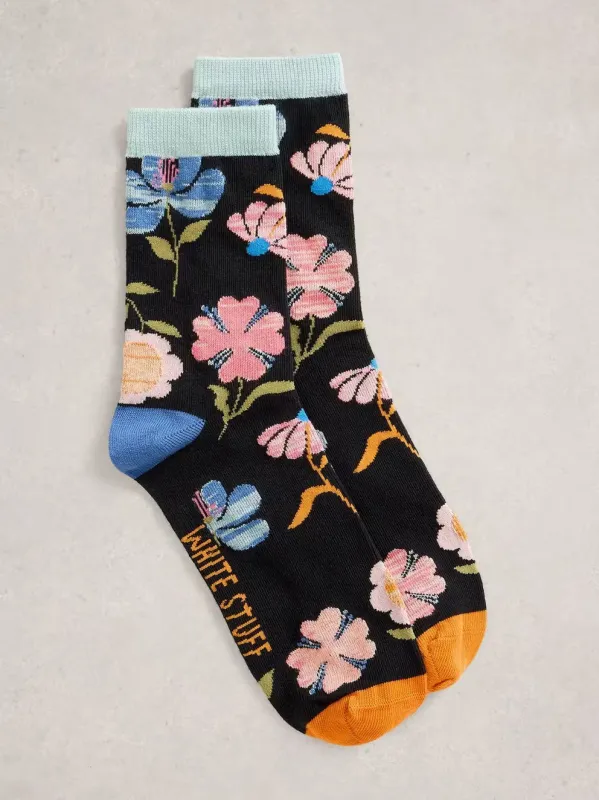 White Stuff Floral Ankle Sock - Black Multi sold by Boutique with Grace
