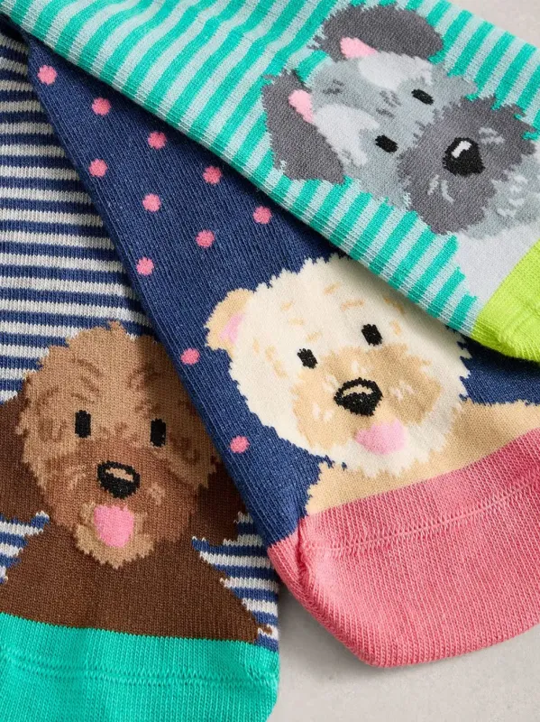 White Stuff 3 Pk Dog Pals Ankle Socks - Blue Multi sold by Boutique with Grace