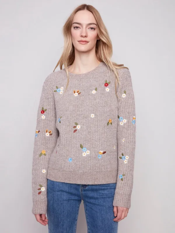 Charlie B Crew Sweater - Light Brown Embroidery sold by Boutique with Grace