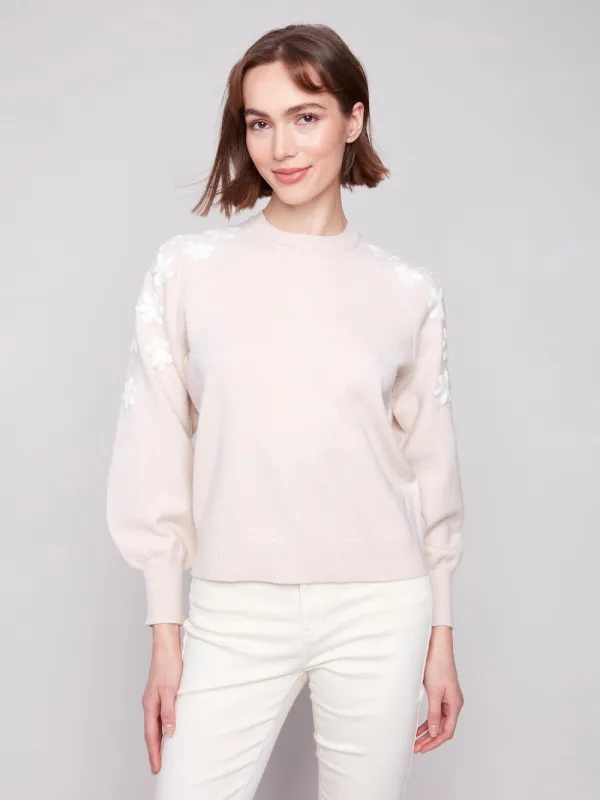 Charlie B Embroidered Crew Neck - Heathered Oat sold by Boutique with Grace