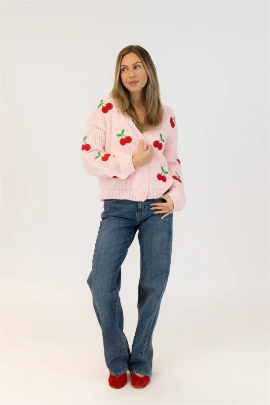 Lyla & Luxe Lexi Cardi - Pink/Red Cherries sold by Boutique with Grace