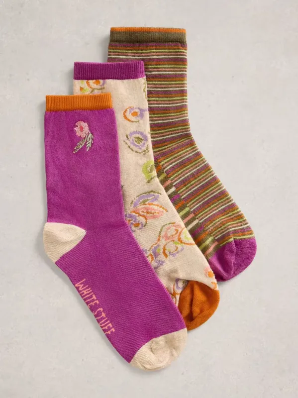 White Stuff 3 Pk Floral Ankle Socks - Purple Multi sold by Boutique with Grace