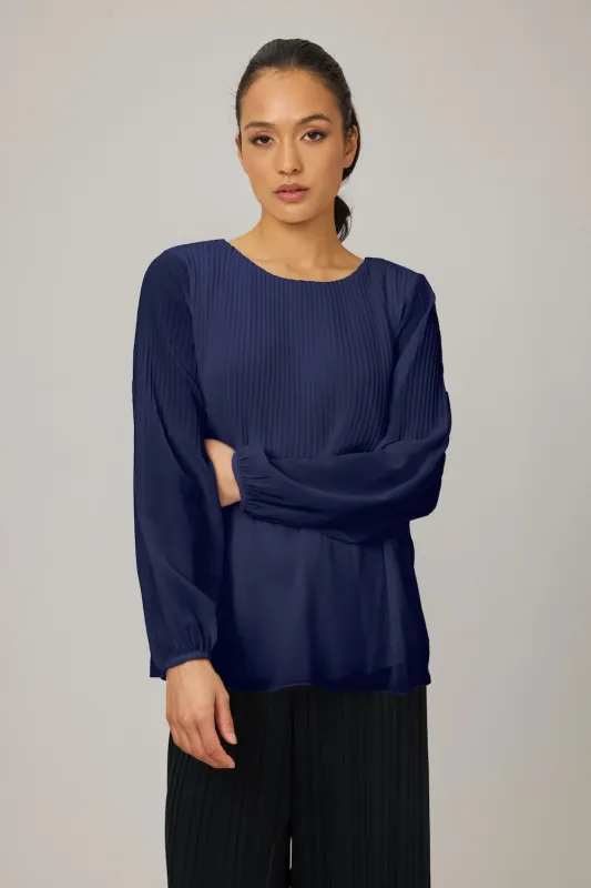 Pistache Georgette Plisse Blouse - Navy sold by Boutique with Grace