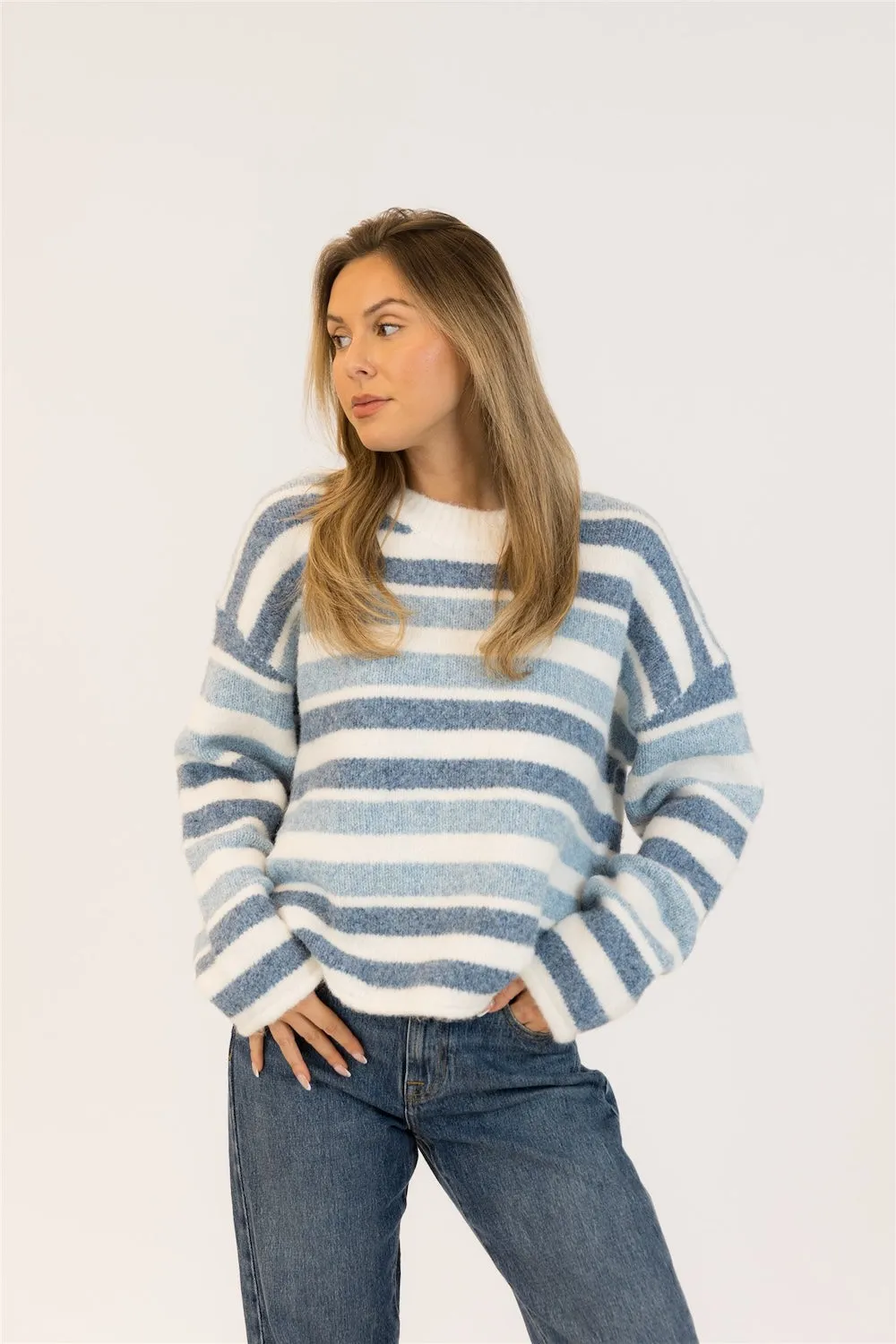 Lyla & Luxe Lucky Crewneck - Blue/White Stripe sold by Boutique with Grace