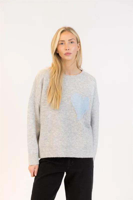 Lyla & Luxe Eco Heart Pullover - Light Grey/Blue sold by Boutique with Grace