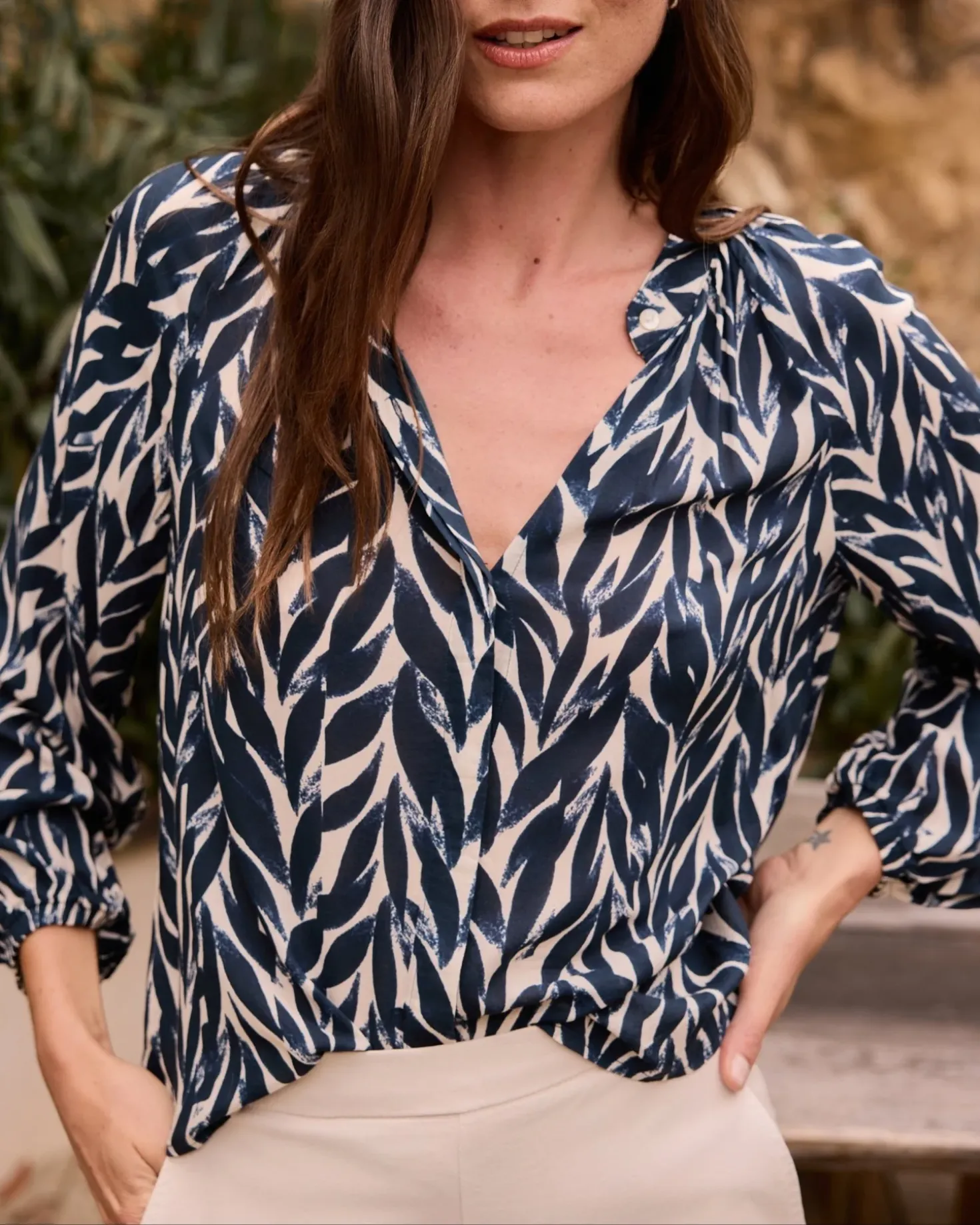 Bella Dahl Shirred Raglan Shirt - Navy Leaves sold by Boutique with Grace product image thumbnail 3