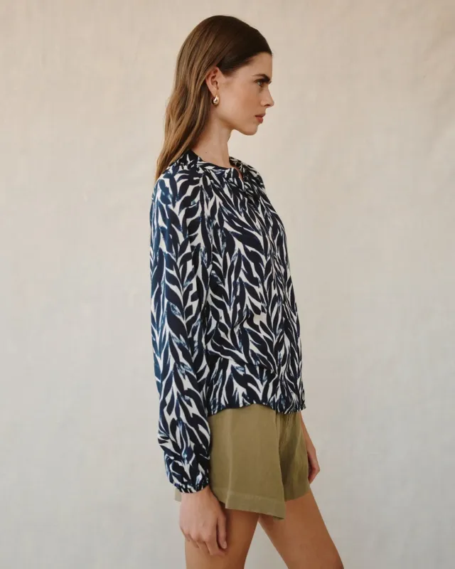 Bella Dahl Shirred Raglan Shirt - Navy Leaves sold by Boutique with Grace