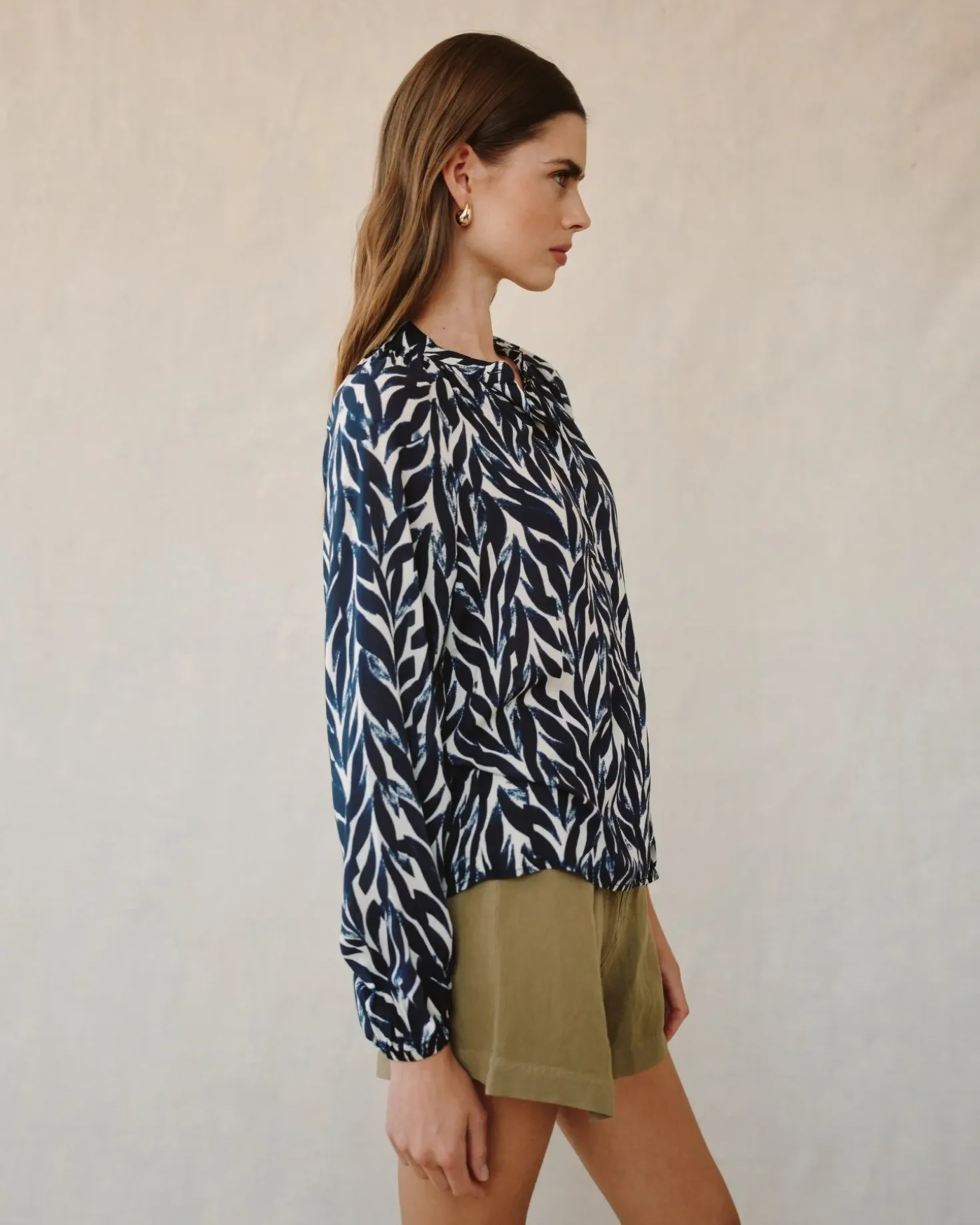 Bella Dahl Shirred Raglan Shirt - Navy Leaves sold by Boutique with Grace