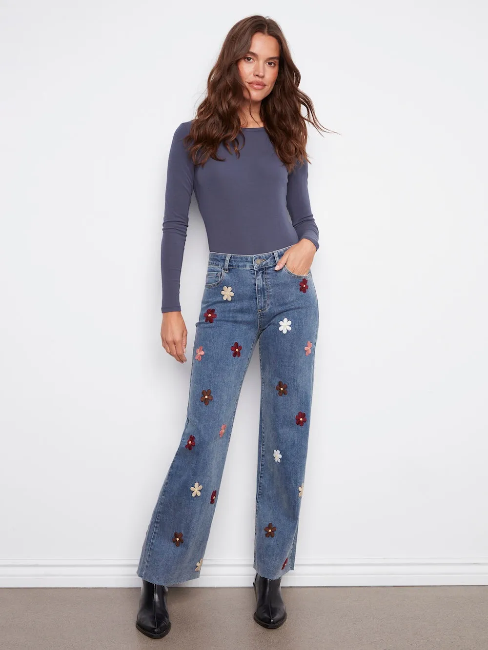 Charlie B Wide Leg Stretch Denim Patch Pants - Blue sold by Boutique with Grace product image thumbnail 4