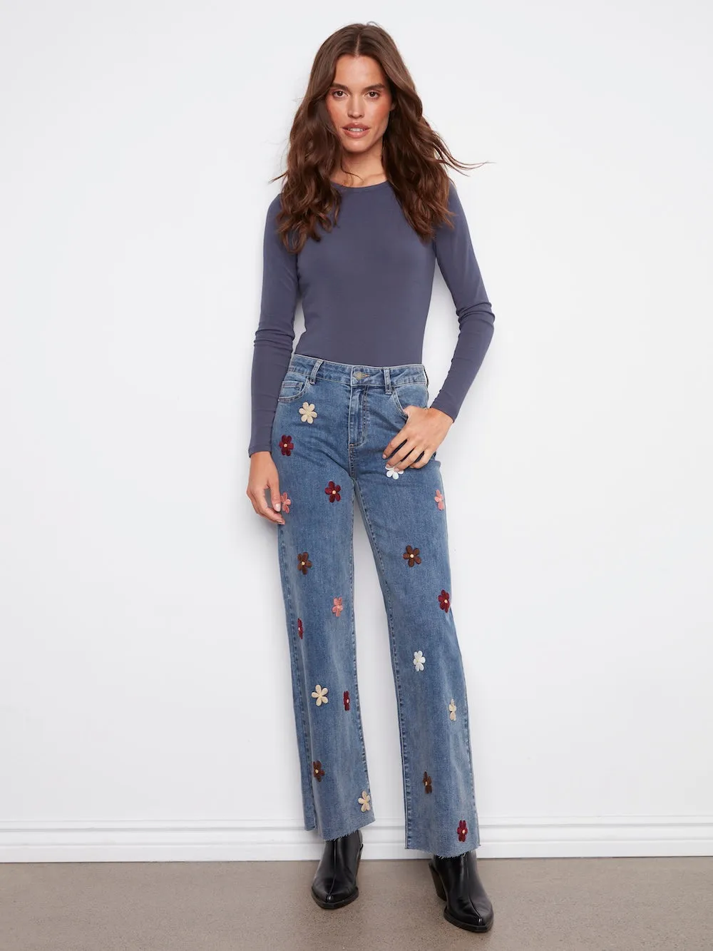 Charlie B Wide Leg Stretch Denim Patch Pants - Blue sold by Boutique with Grace