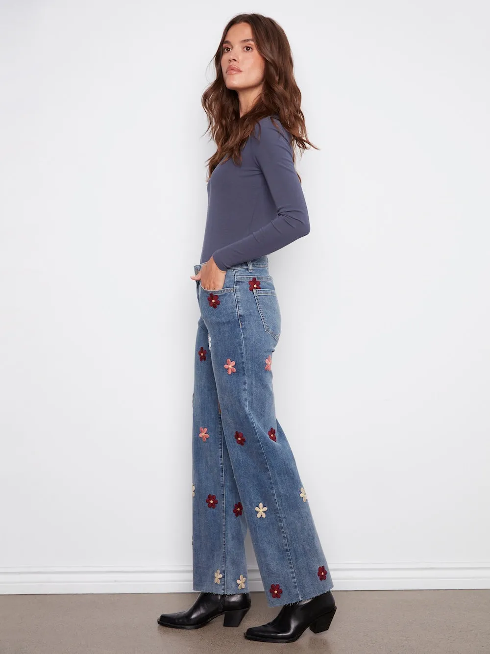 Charlie B Wide Leg Stretch Denim Patch Pants - Blue sold by Boutique with Grace product image thumbnail 3