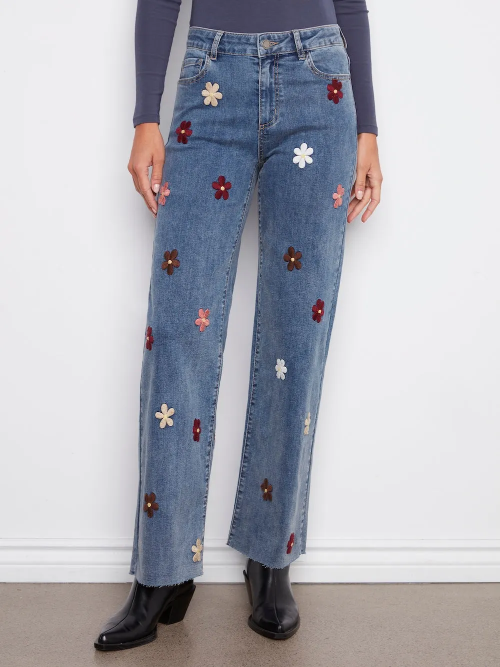 Charlie B Wide Leg Stretch Denim Patch Pants - Blue sold by Boutique with Grace product image thumbnail 2