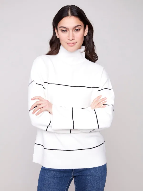 Charlie B Yarn Mock Neck - Striped Ecru sold by Boutique with Grace