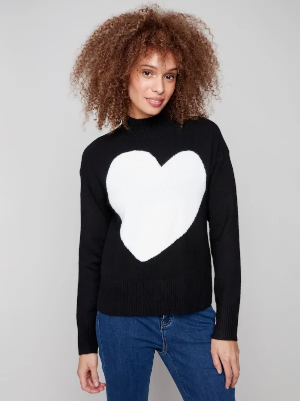Charlie B Intarsia Heart Mock Neck - Black sold by Boutique with Grace