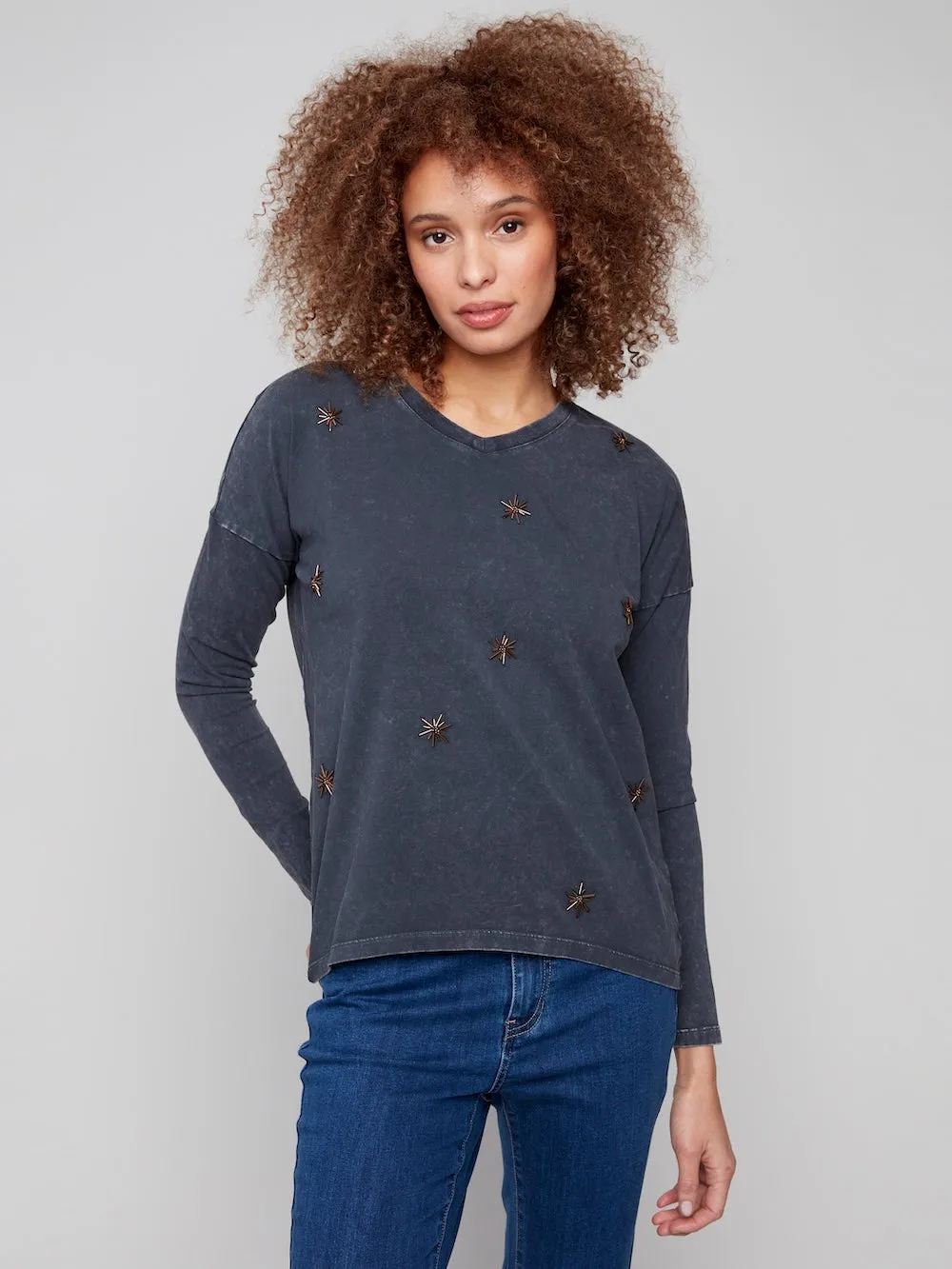 Charlie B Beaded Vintage Wash Knit - Charcoal sold by Boutique with Grace