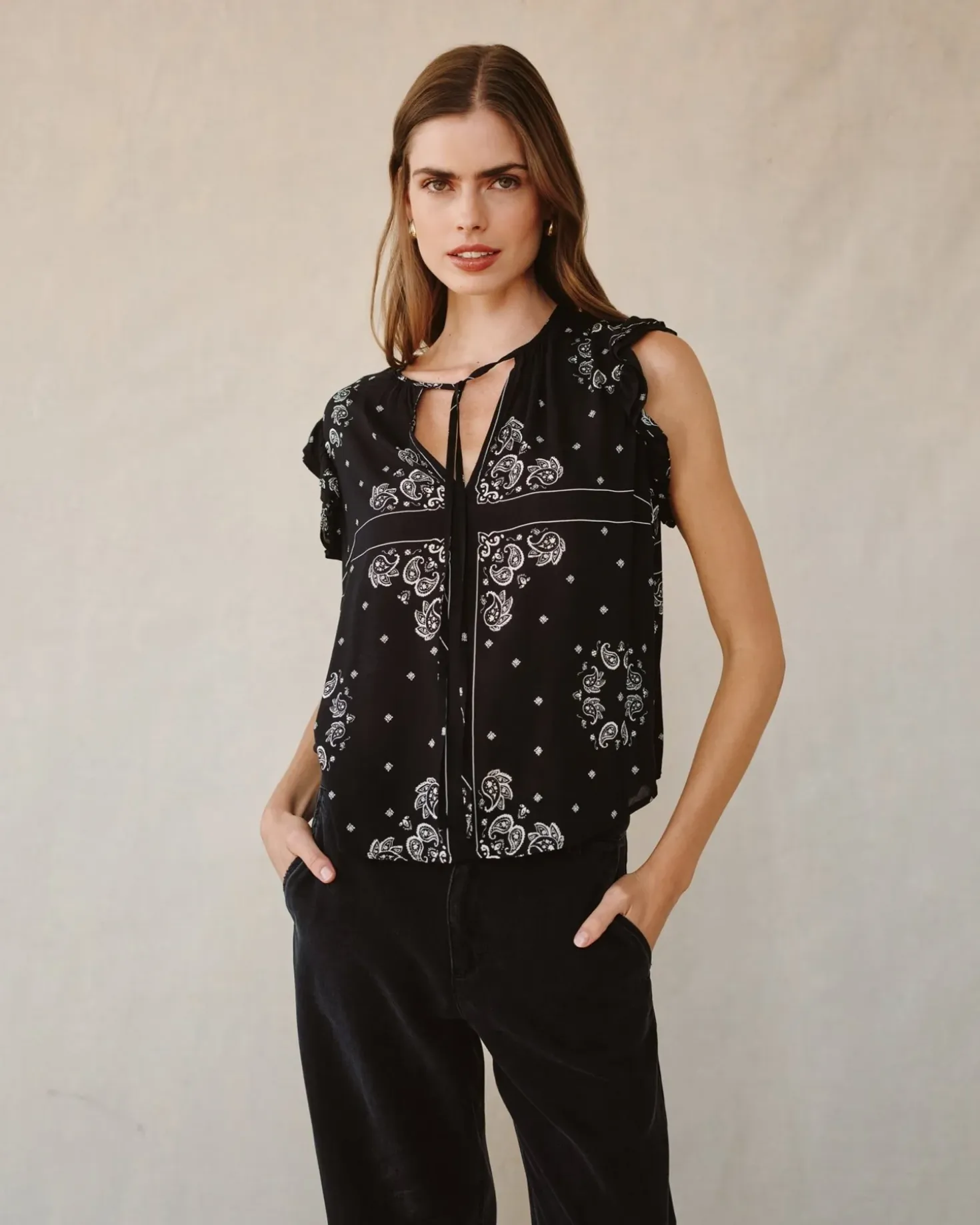 Bella Dahl Ruffle Sleeve Tie Neck - Bandana Print sold by Boutique with Grace