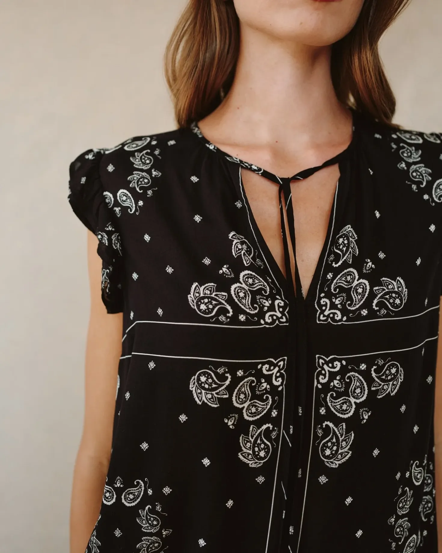 Bella Dahl Ruffle Sleeve Tie Neck - Bandana Print sold by Boutique with Grace product image thumbnail 3