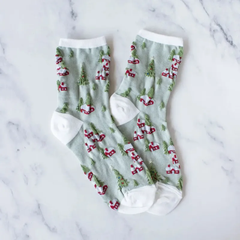 Tiepology Christmas Village Socks - White/Sage sold by Boutique with Grace
