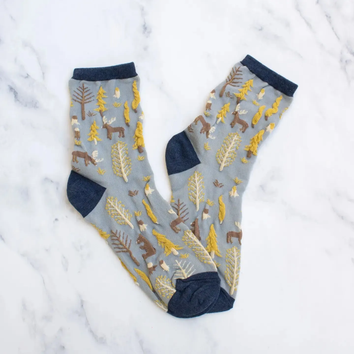 Tiepology Winter Forest Socks - Navy/Mustard sold by Boutique with Grace