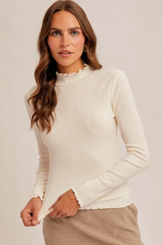 Hem & Thread Lettuce Edge Mock Neck Tee - Ivory sold by Boutique with Grace