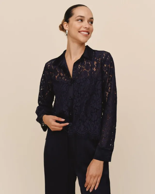 Bella Dahl Lace Contrast Buttondown - Midnight Sky sold by Boutique with Grace