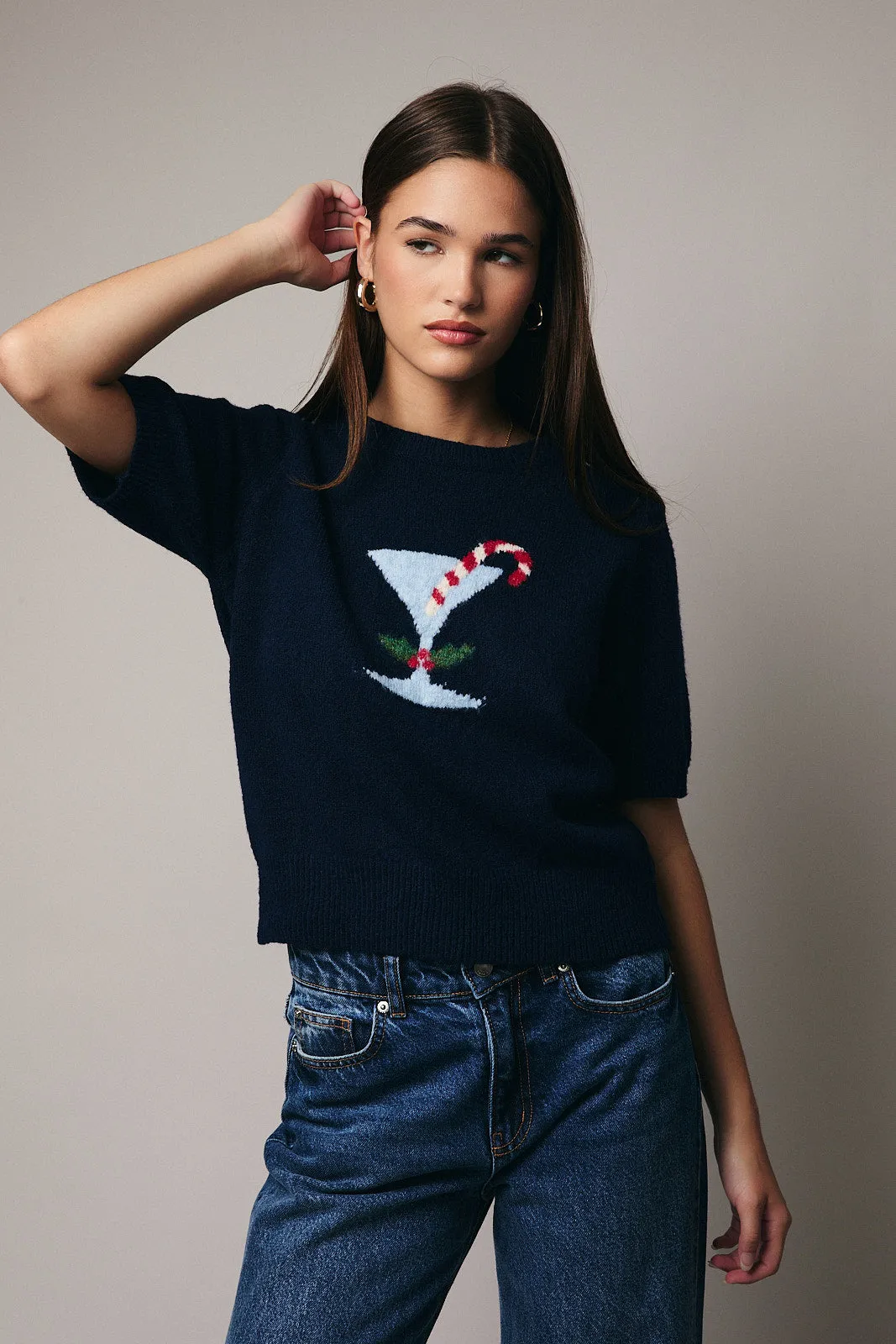 Le Lis Holiday Cocktail Short Sleeved Sweater - Navy sold by Boutique with Grace