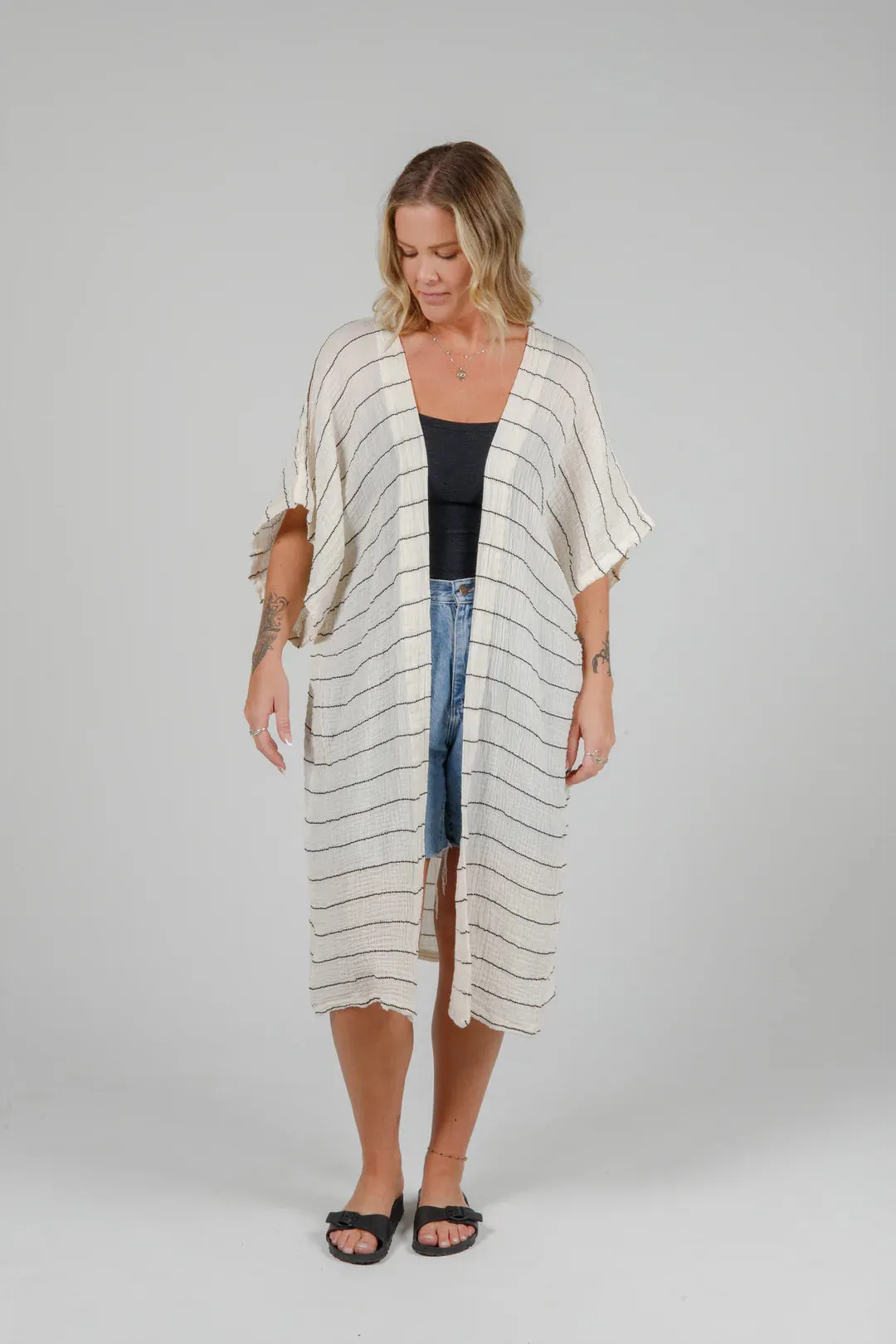 Tofino Towel Co. The Rosa Short Coverup - Ecru/Black Stripe sold by Boutique with Grace